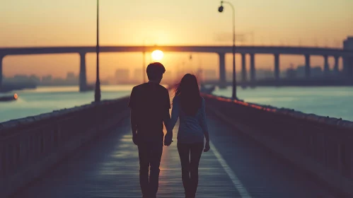 Silhouetted Couple at Sunset on Bridge