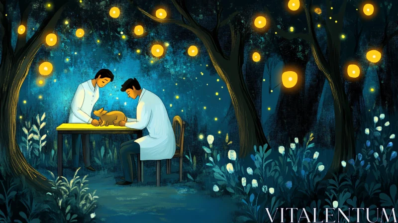 Serene Veterinary Scene in Enchanted Forest AI Image