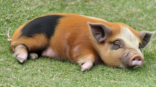 Adorable Piglet Sleeping on Green Field