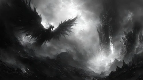 Monochrome Phoenix in Gothic Landscape