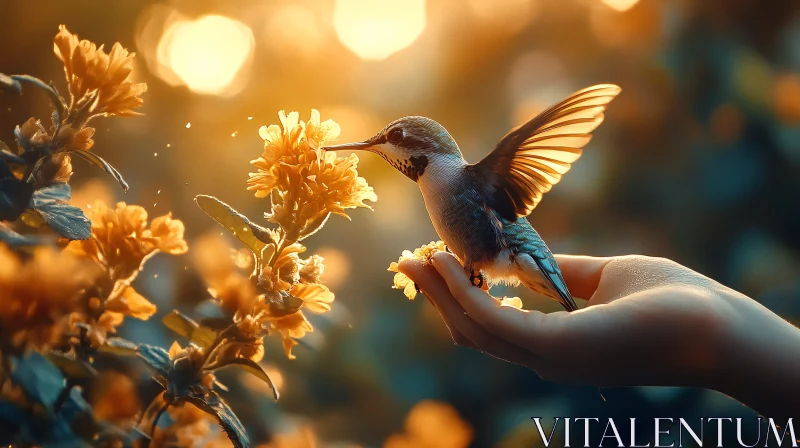 Gentle Hummingbird on Hand with Flowers AI Image