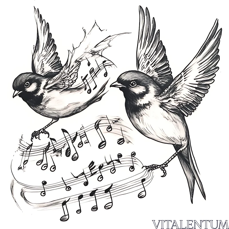 AI ART Monochrome Birds with Musical Notes Art