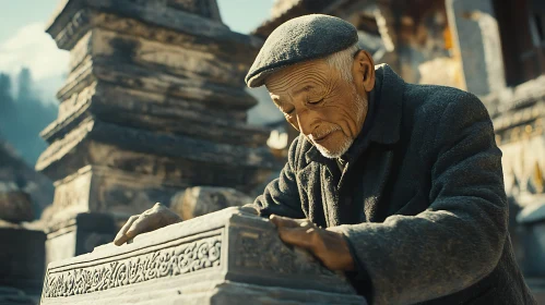 Elderly Man and Ancient Stone Structure