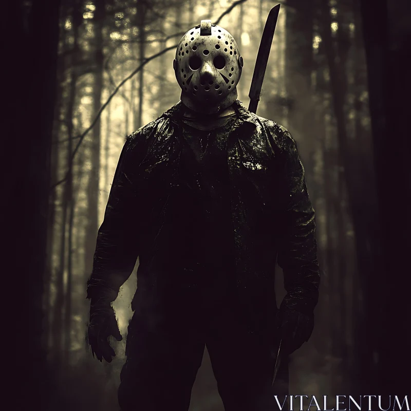 Masked Figure in Dark Forest AI Image