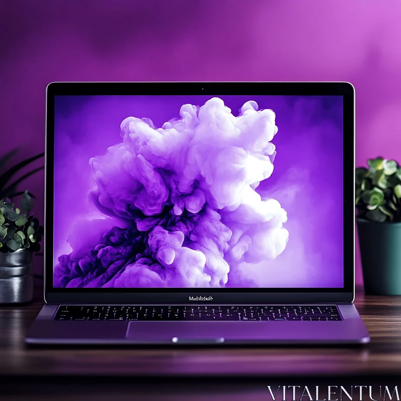 Sleek Laptop with Purple Smoke Background AI Image