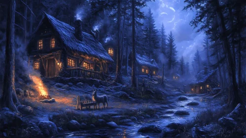 Night Forest Cabins with Deer