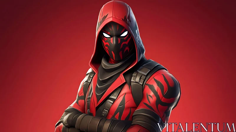 AI ART Red Hooded Character with Tribal Mask