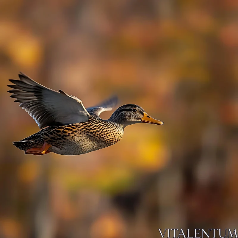 Duck Flying over Autumnal Background AI Image