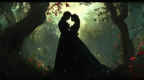 Silhouetted Couple in Woodland Scene