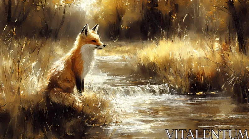 Autumnal Fox by Water AI Image