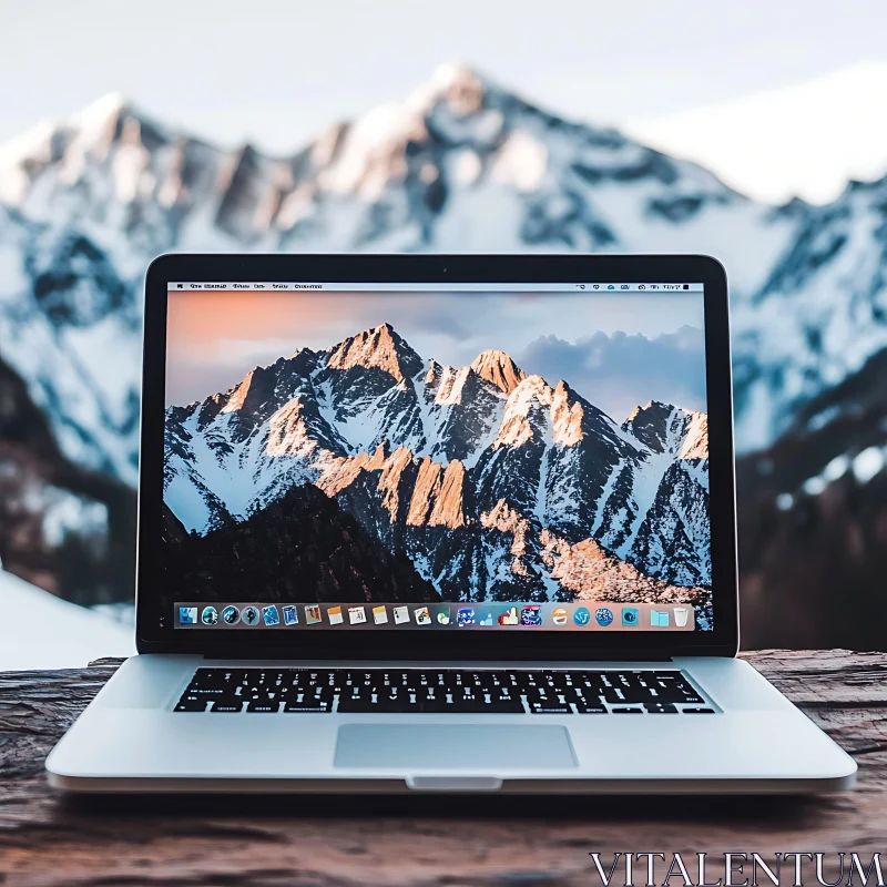 Laptop with Mountain Landscape Screen in Nature AI Image