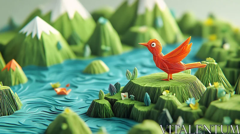 Orange Bird Paper Art Landscape AI Image