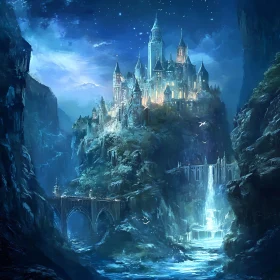 Night Castle with Waterfall