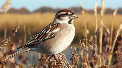 Sparrow Resting in Sunlit Field