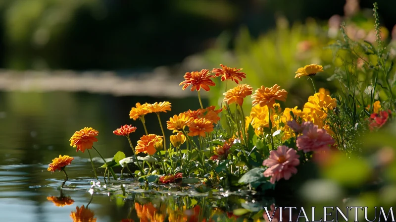 AI ART Serene Blooming Flowers and Water Reflection