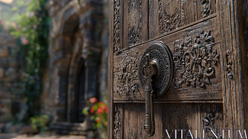 Detailed Carved Door with Rustic Handle AI Image