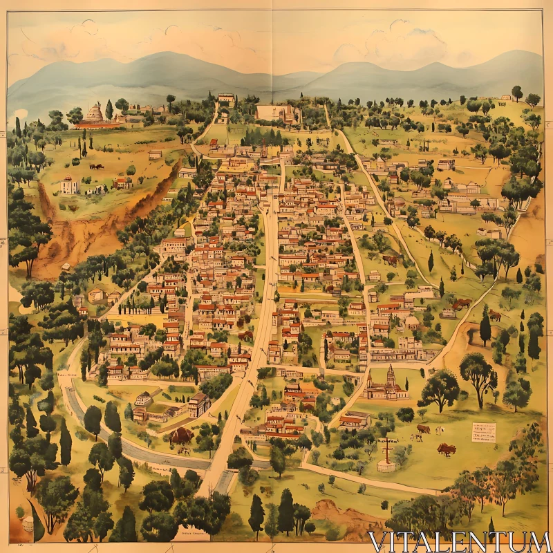 Charming Town Vintage Map Illustration AI Image