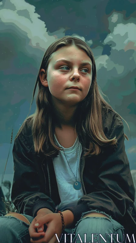 AI ART Thoughtful Greta Thunberg Portrait with Cloudy Background