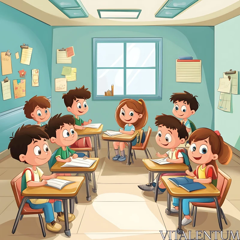 Cartoon Classroom with Eager Students AI Image