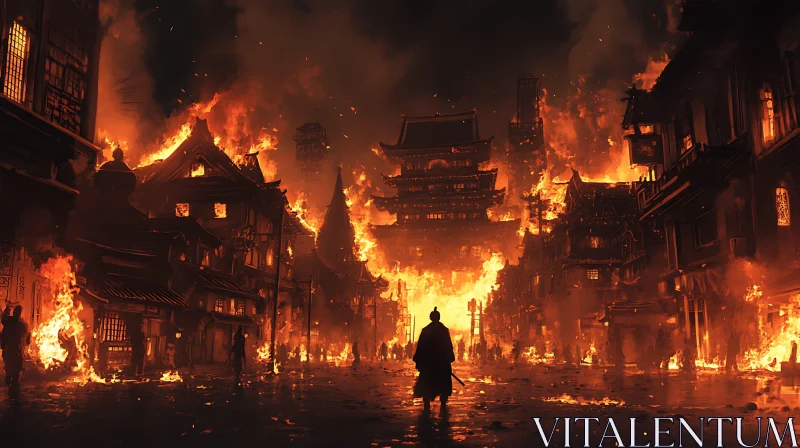 AI ART Burning Cityscape with Lone Warrior