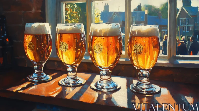 AI ART Sunlit Beer Glasses on Wooden Counter