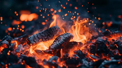 Fiery Embrace: Burning Logs and Flames