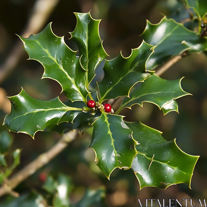 Holly Leaves and Red Berries Close-Up AI Image