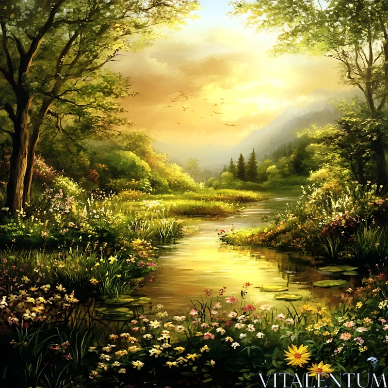 Peaceful River Amidst Wildflowers and Trees AI Image