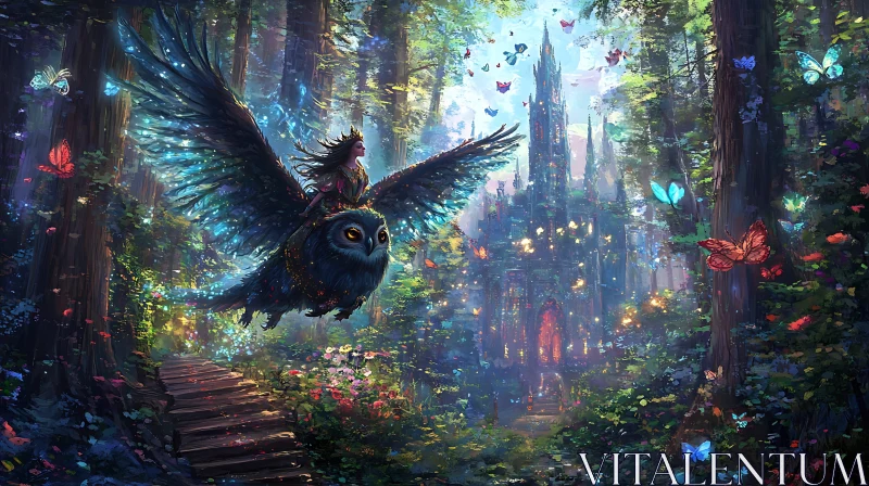 AI ART Fantasy Forest Scene with Queen and Owl