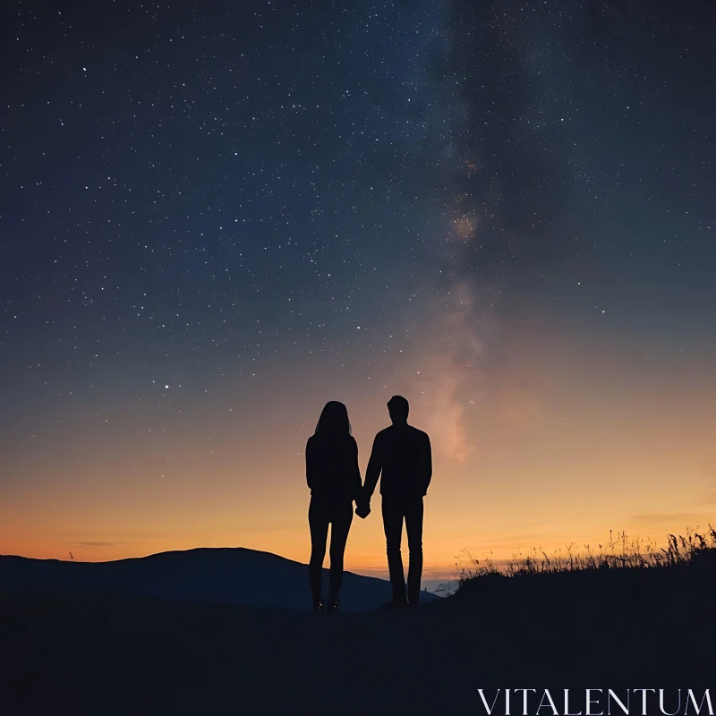 Silhouette of Couple Holding Hands at Night AI Image