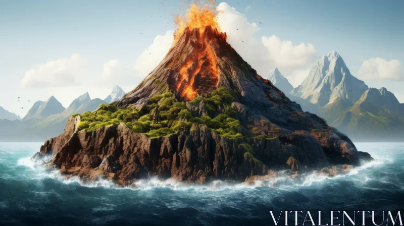 Burning Volcano and Mountains on an Island | Realistic Nature Art AI Image