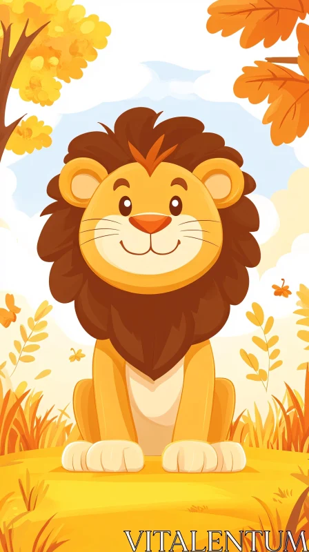 Playful Lion in Autumn Foliage AI Image