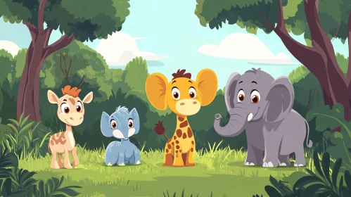 Cute Cartoon Jungle Scene with Animal Babies