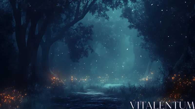 Mystical Forest Path with Fireflies AI Image