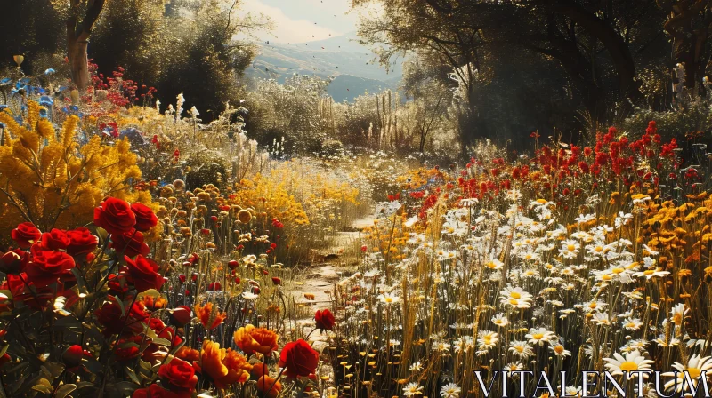 Captivating Flower Field Landscape - Vibrant Colors, Serene Atmosphere AI Image