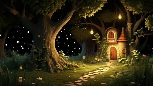 Cartoon-Realistic Fairy House in Nighttime Forest