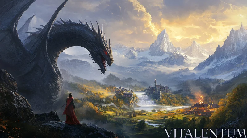 AI ART Dragon and Warrior in a Mountainous Realm