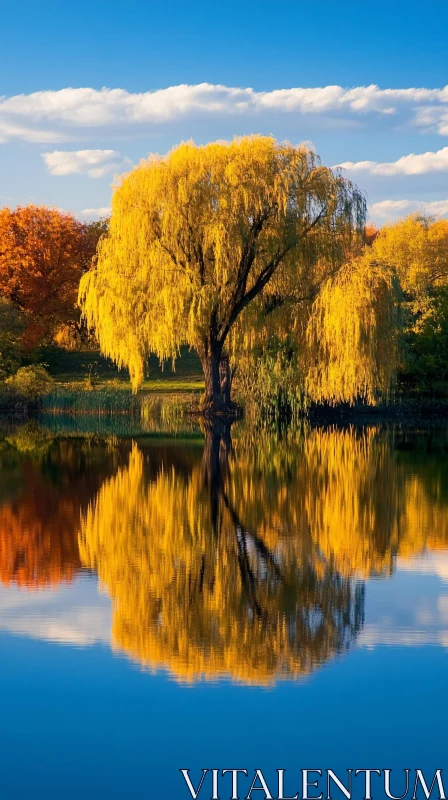 Autumn Scene with Reflective Willow Tree AI Image