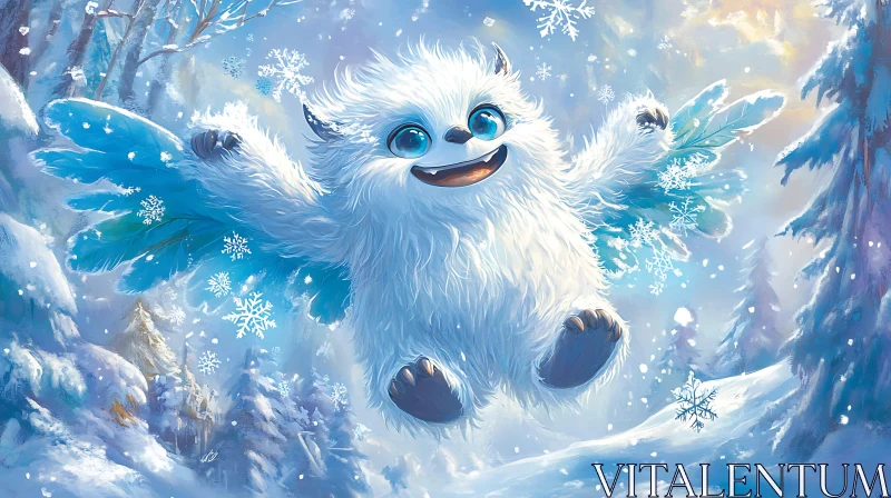 Fluffy Smiling Monster with Snowflake Wings AI Image