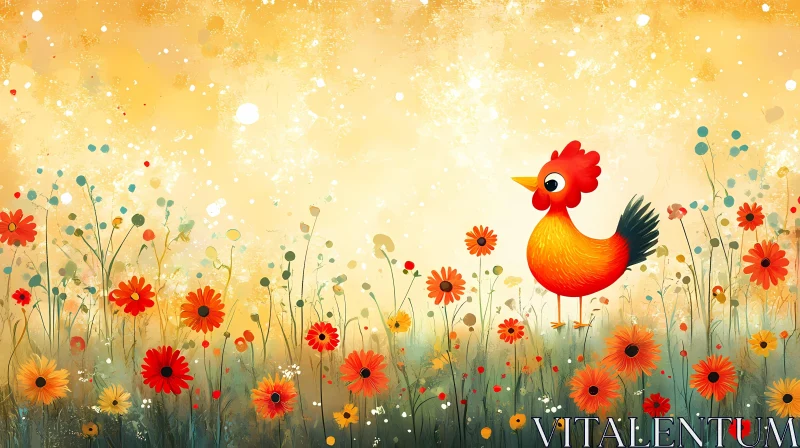 Cheerful Rooster and Colorful Blooms AI Image