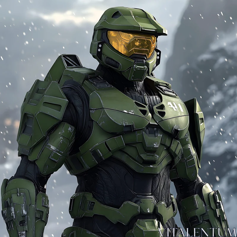 Armored Soldier in Snowy Landscape AI Image