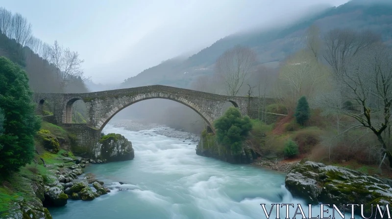 Enchanting Stone Bridge Over a Rushing River AI Image