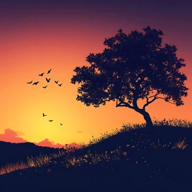 Evening Silhouette of Tree and Birds