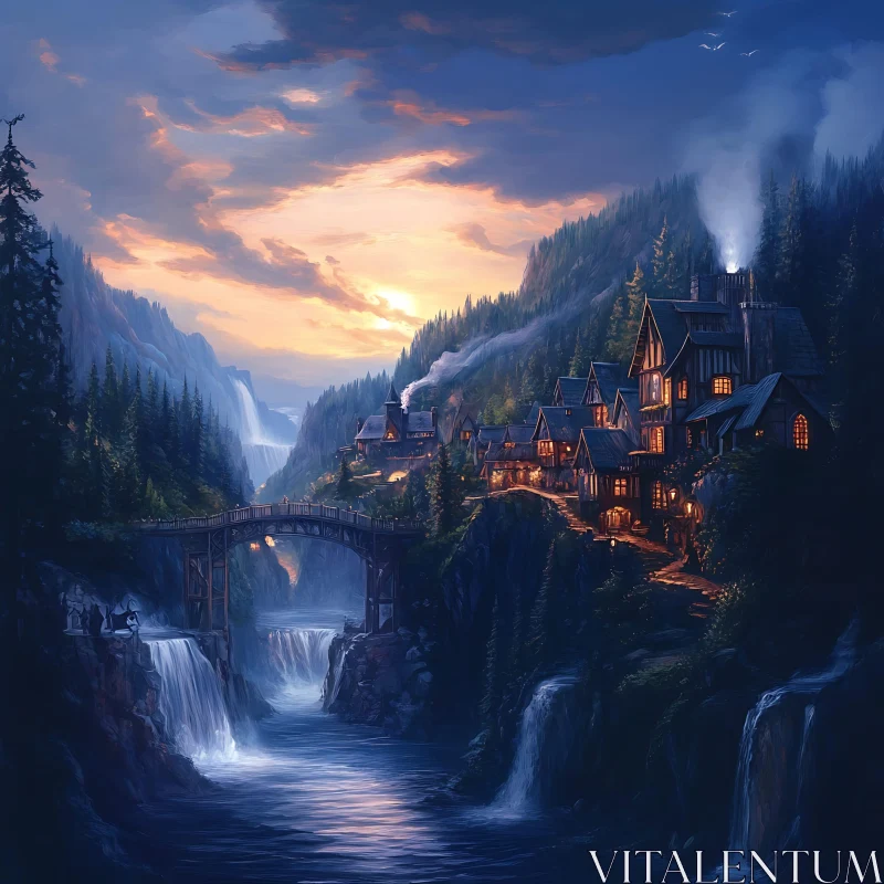 Mountain Village Waterfall Landscape AI Image