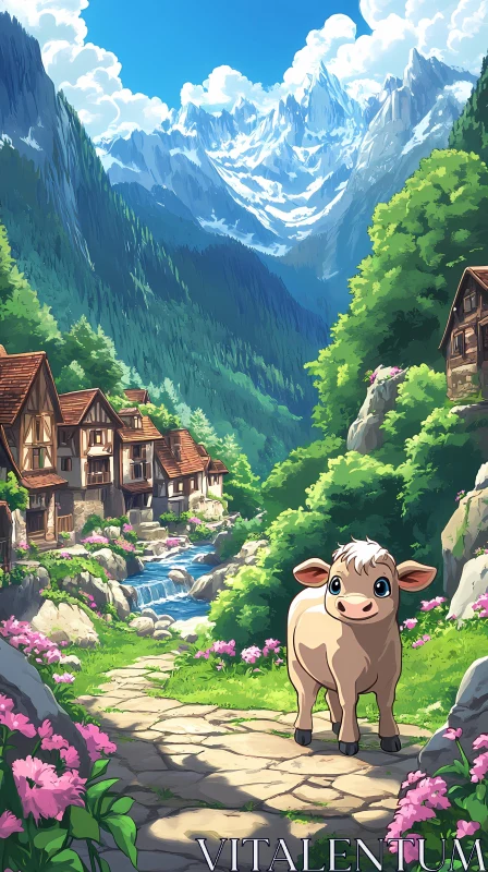 Idyllic Mountain Landscape with Village AI Image