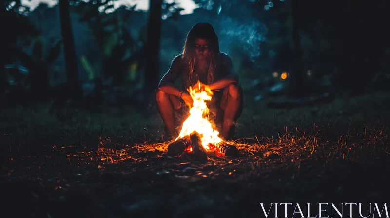 Campfire in the Forest at Night AI Image