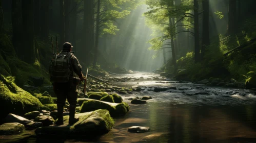 Intriguing Man with Gun by the River - A Captivating Nature Scene