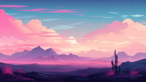 Pink Sunrise Desert Landscape with Cacti and Mountains - Anime Influenced Art
