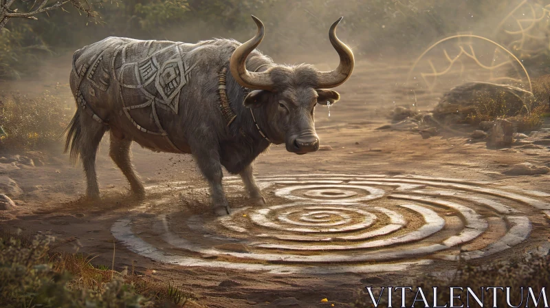Powerful and Mysterious Bull in a Field - Digital Painting AI Image