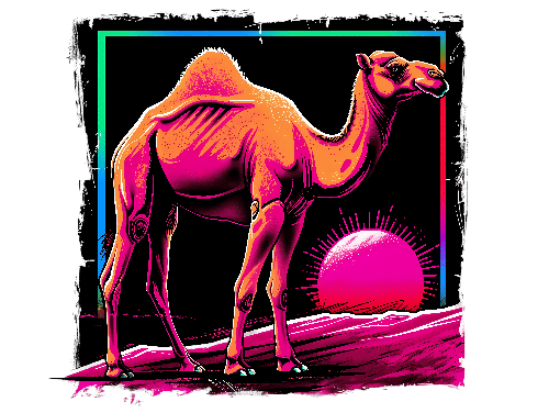 Retro 80s Digital Painting of a Pink Camel at Sunset POD Design